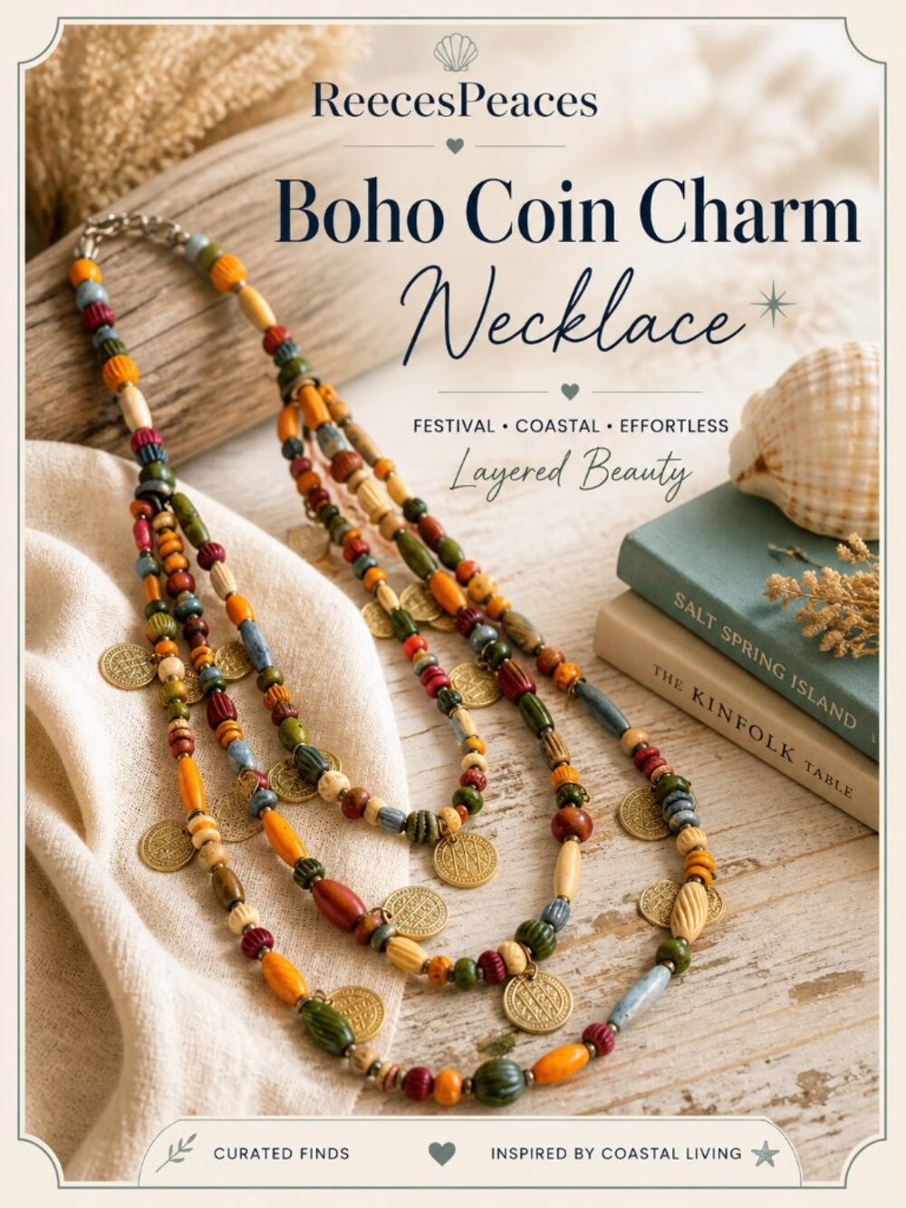 Layered Beaded Coin Charm Necklace Statement Festival Boho